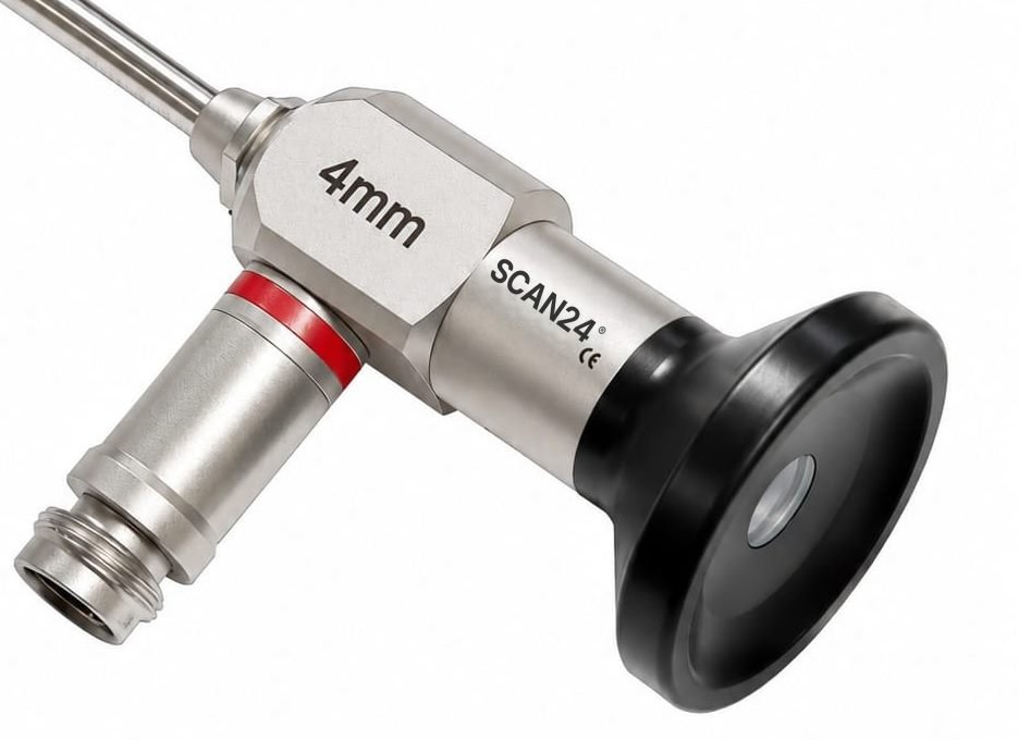 Close-up of a rigid endoscope eyepiece and light post, the parts our technicians inspect during diagnosis